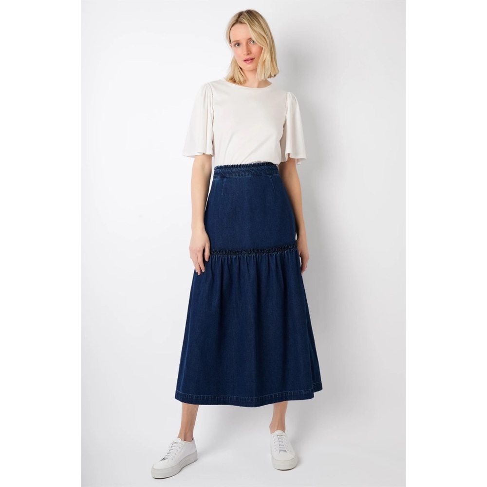 🛍️Wyse London Saskia Denim Skirt Midi Ruffle Tier Modest Jean Side Zip Cotton